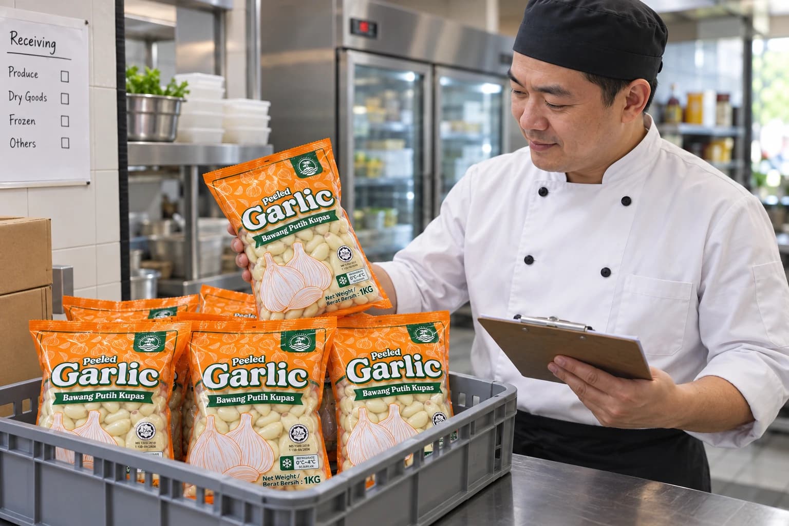 Bulk packs of fresh peeled garlic prepared for commercial restaurant supply