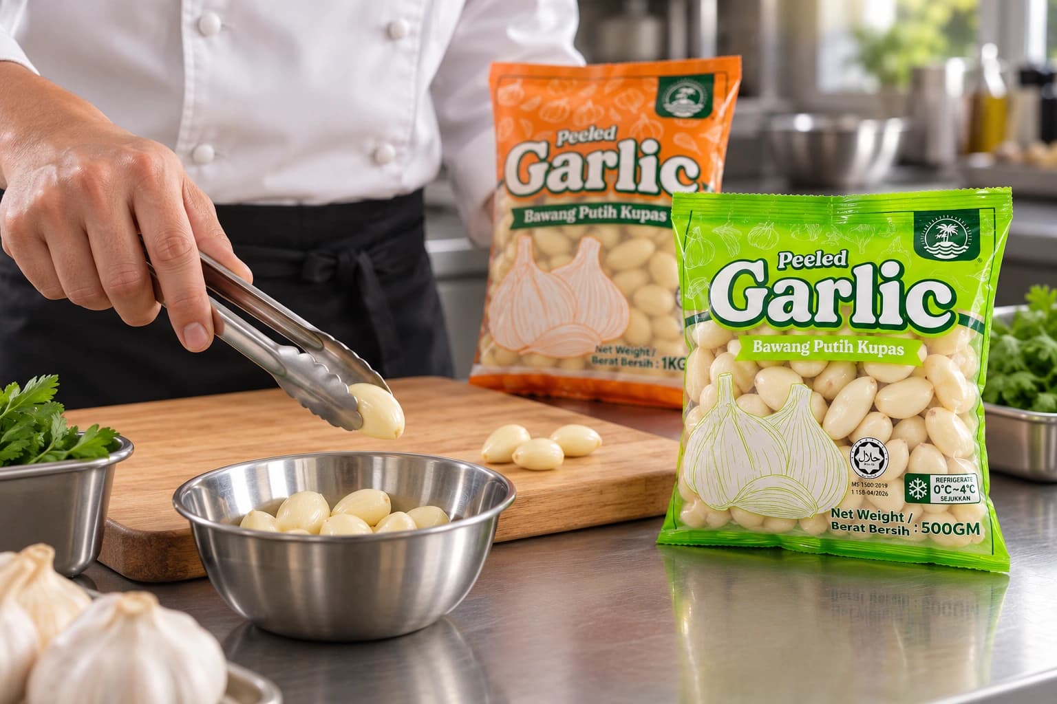 Sealed packs of fresh peeled garlic arranged in refrigerated commercial storage